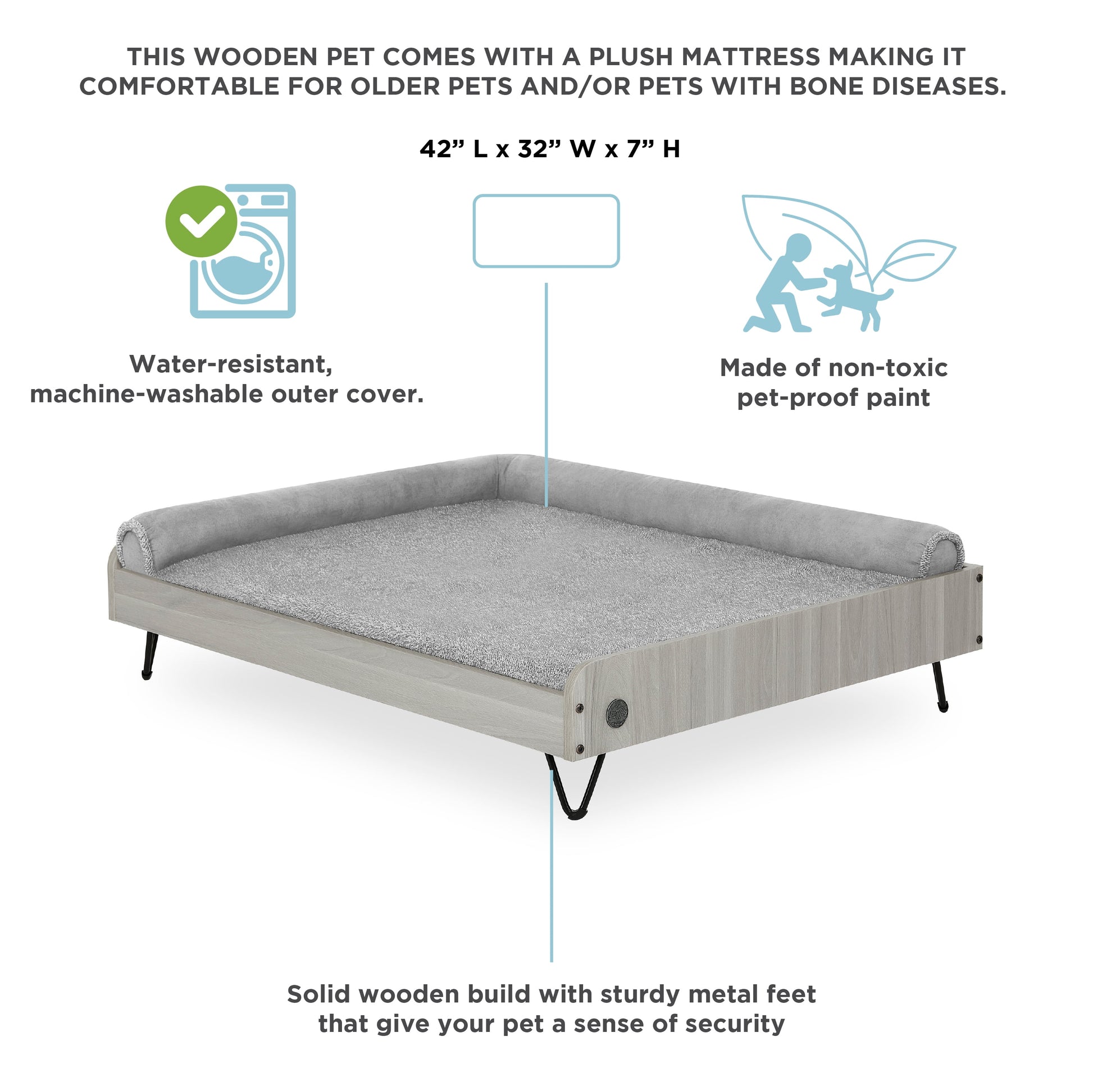 Asher Small Wooden Elevated Pet Bed with Mattress, Greenguard Gold Certified